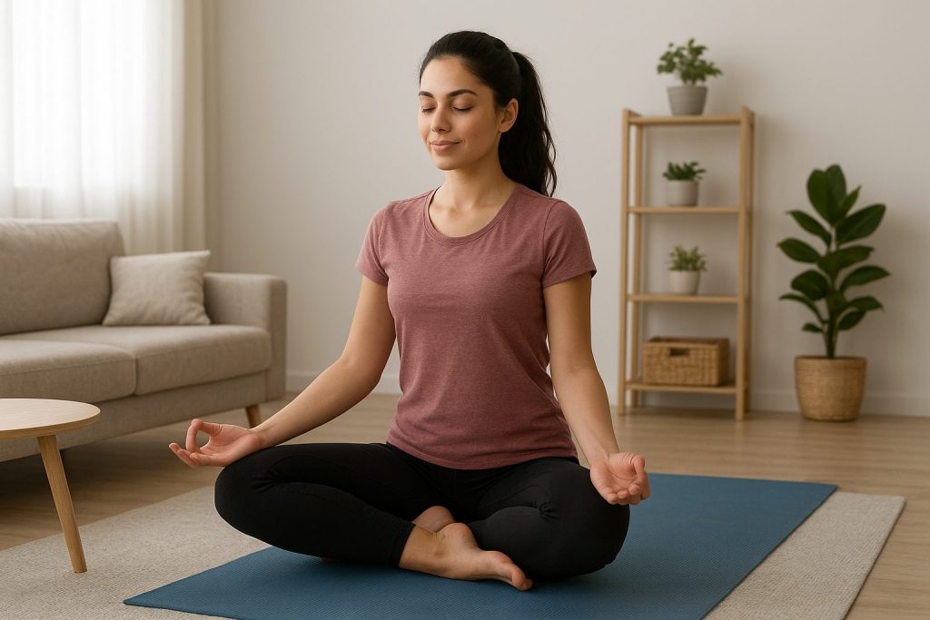 自宅でヨガしている女性