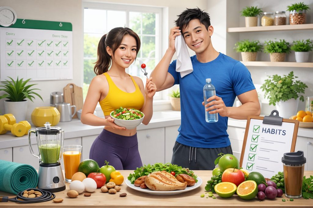 健康的な食事と運動を習慣にする男女のダイエットイメージ。