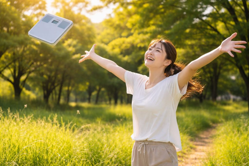 自然の中で、体重計を手放すように空へ投げ、晴れやかな表情で両手を広げる女性の様子