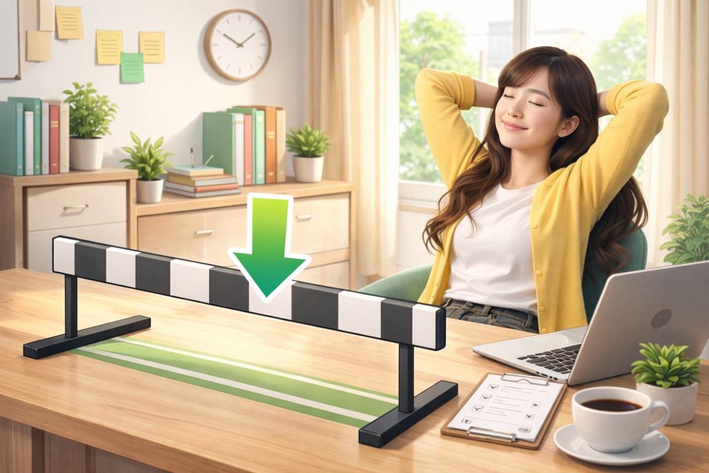 デスク前に低いハードルが置かれ、リラックスする女性の写真。