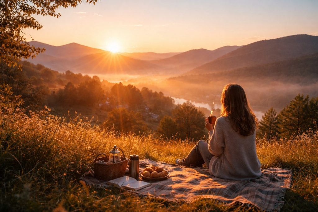朝日が山々の向こうから昇り、女性が温かい飲み物を手に静かに朝の景色を眺めている写真。
