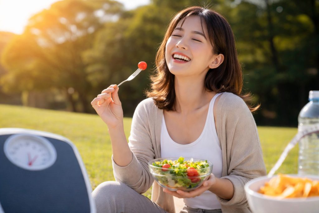 公園でサラダを食べながらリラックスした表情を見せる女性。体重計にとらわれず、健康的な習慣を大切にするライフスタイルをイメージした写真。