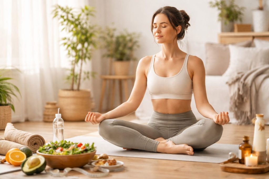 自然光の部屋で瞑想し、心と体を整える女性の写真。