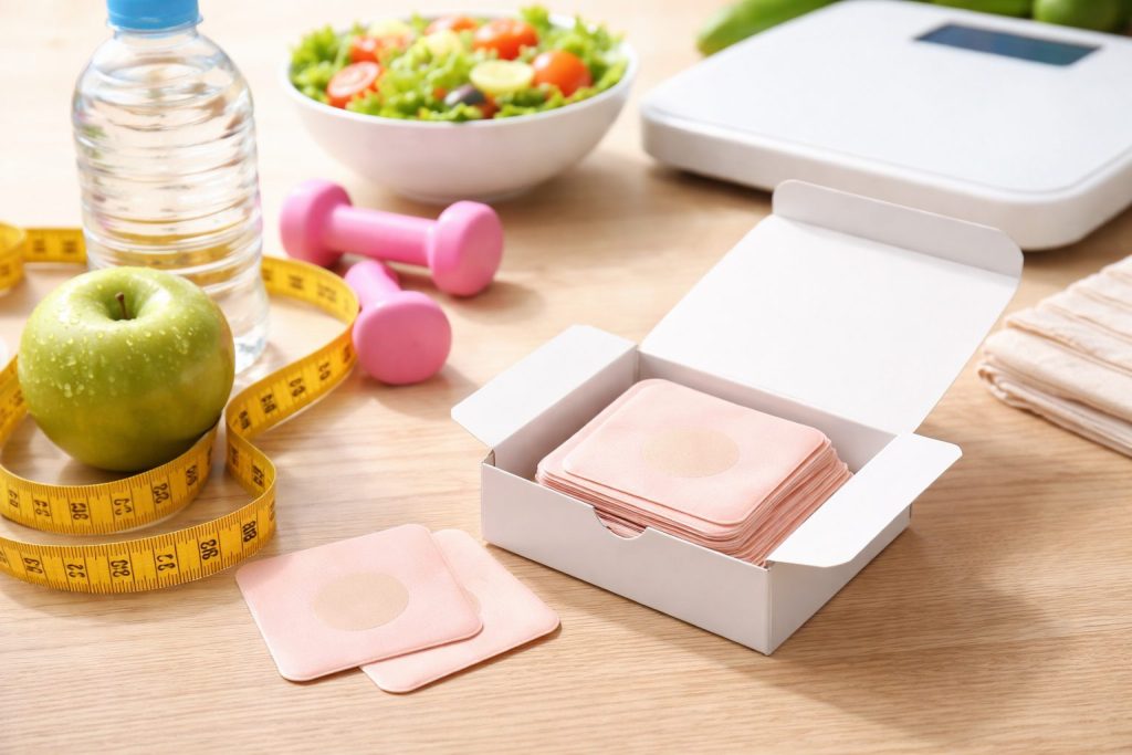 ダイエットパッチと健康的な食事、運動習慣をイメージした3D風ビジュアル。貼るだけに頼らない現実的なダイエットを表現。