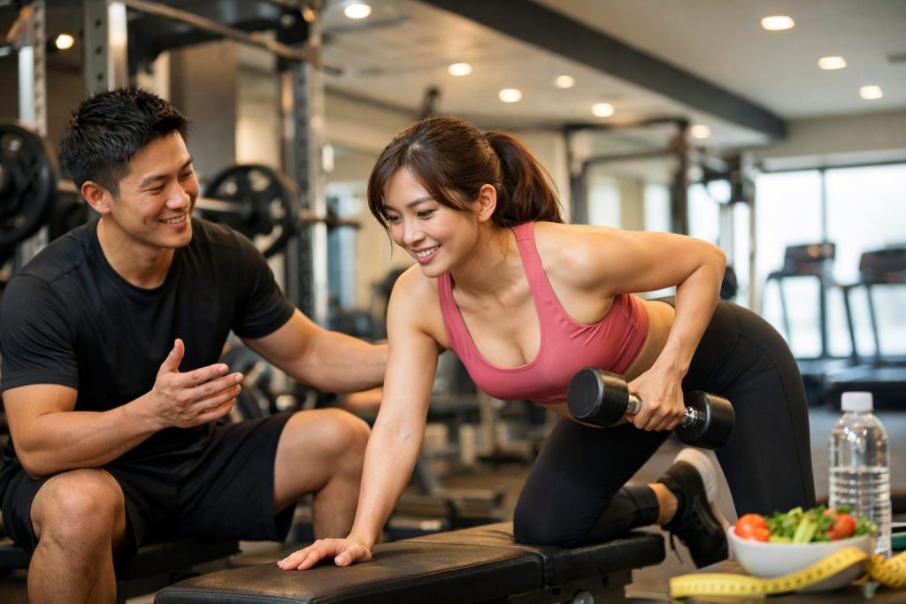 ジムでパーソナルトレーナーの指導を受けながらダンベルを使ったトレーニングを行う女性の様子