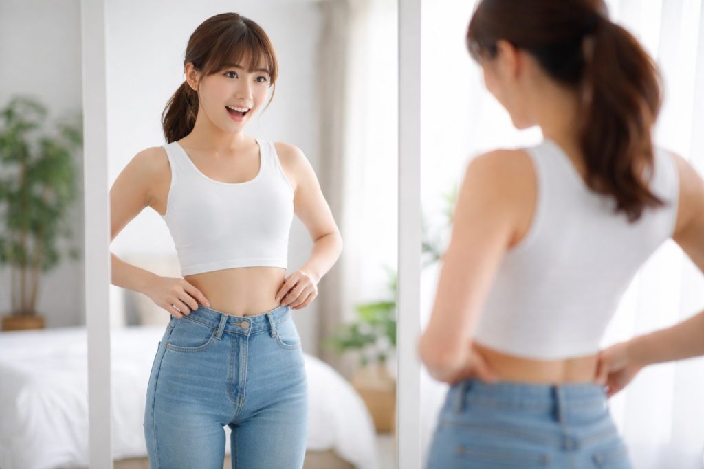 鏡の前で自分のウエストを確認し、痩せた気がして笑顔になる女性