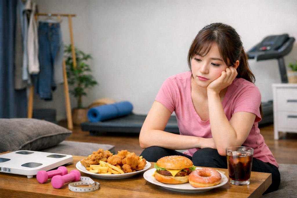 ダイエットが続かず、運動器具とジャンクフードを前に悩む女性の様子
